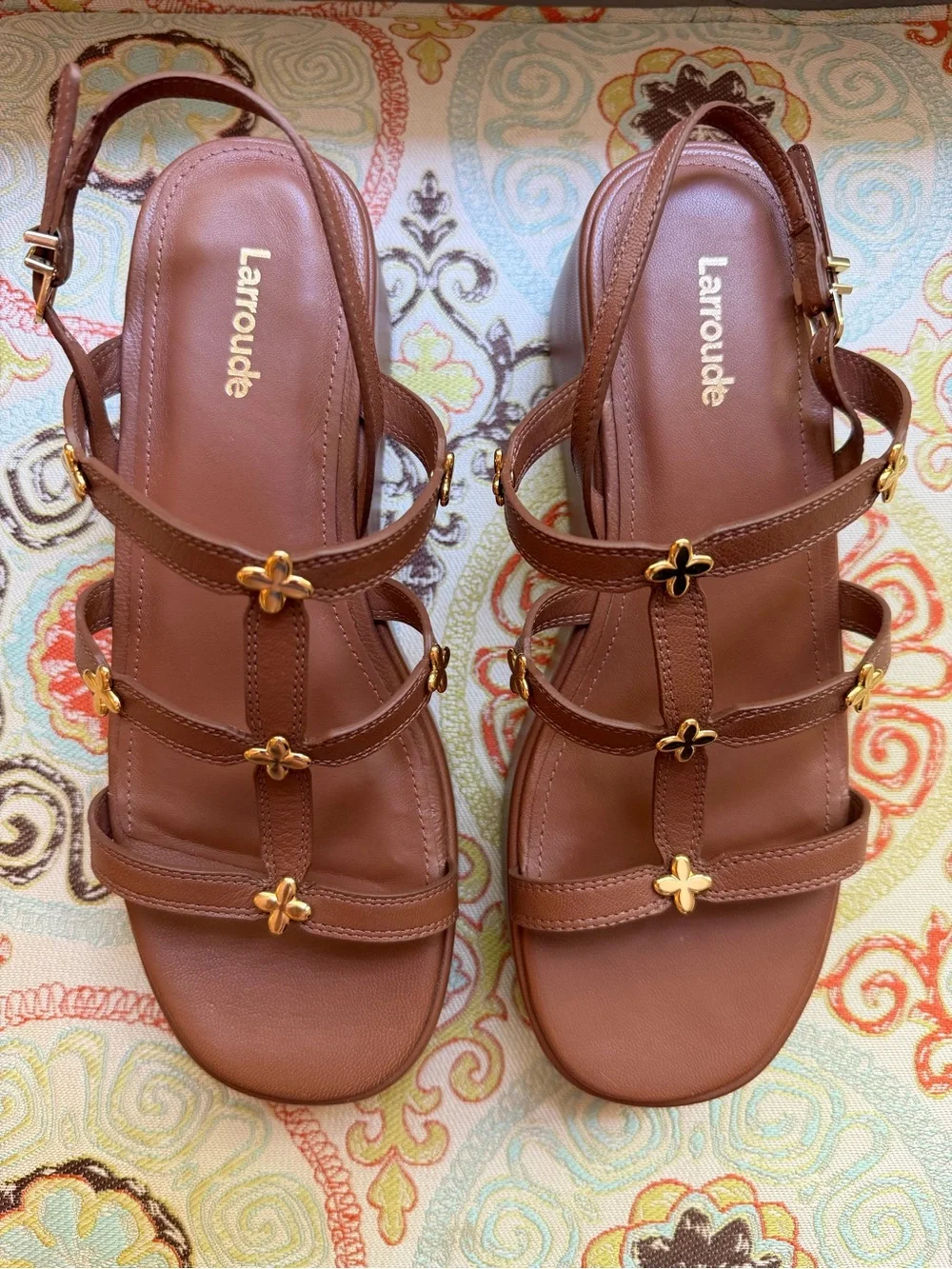 Larroude Brown Leather Strappy Sandals with Gold Flower Accents